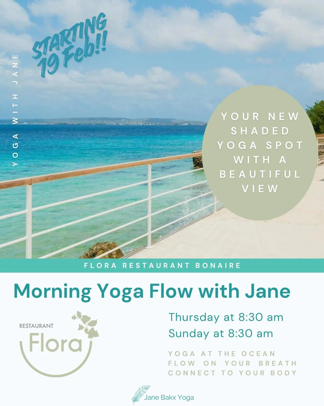 I&rsquo;m excited to announce a new yoga home for my Flow classes, right by the sea at Flora.�
Here, you&rsquo;ll practise in the shade, with a lovely breeze and a view over the beautiful turquoise waters that stretch as far as the eye can see.
Yoga 