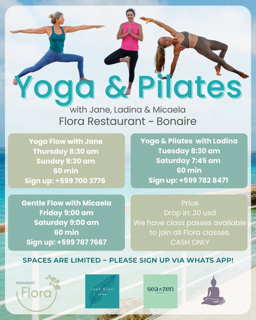 Here&rsquo;s the full schedule for Yoga and Yoga &amp; Pilates at Flora Restaurant Bonaire for this high season.
Come join us by the ocean.

We hope to see you on the mat.

Details:
Location: @flora.restaurant.bonaire
Drop in: 20 USD (in cash, please