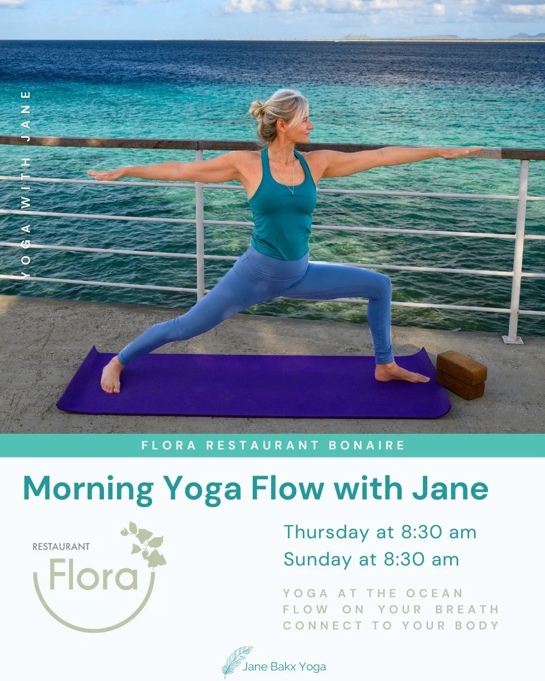 On holiday on Bonaire?
Start your day with movement by the sea at Flora. Practising in the shade, with a gentle breeze and that endless turquoise view, is the perfect balance between energy and relaxation.

Join me for one of my two weekly Flow class