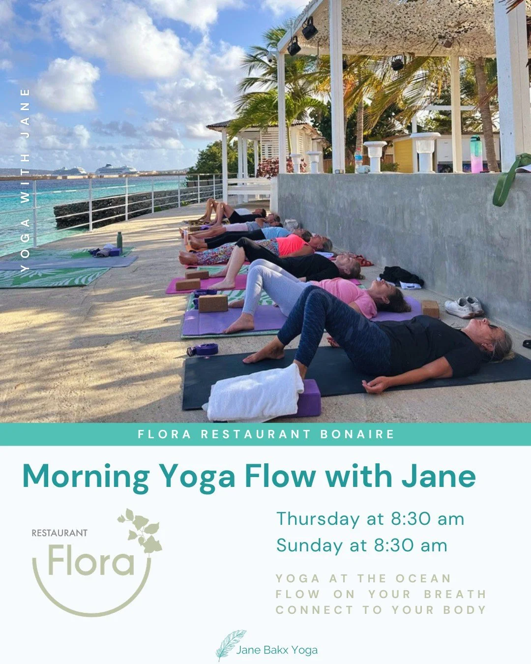 Practising yoga right by the sea creates a different kind of spaciousness.�
At Flora, we move and breathe in the shade, overlooking the stunning turquoise water, with a lovely breeze.�It&rsquo;s grounding and uplifting at the same time.

I&rsquo;m of