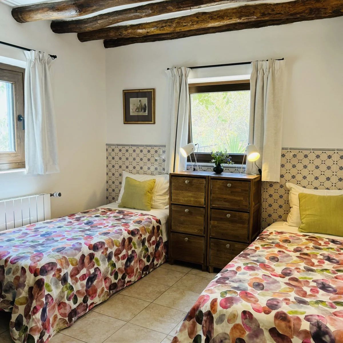 Twin beds Olive room - accommodation yoga retreats & courses in Spain with Jane Bakx Yoga