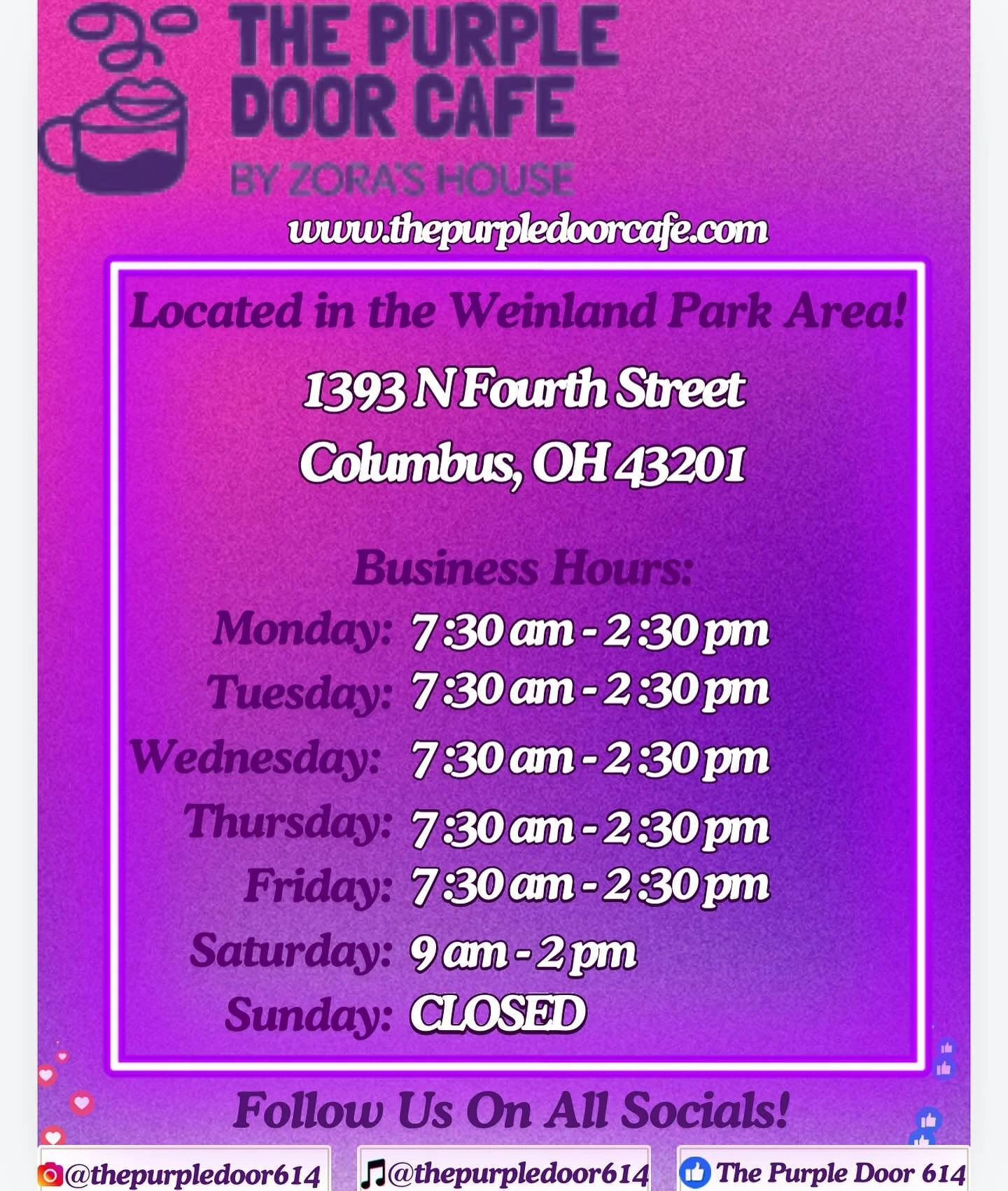 Come Check Us Out ☕️🍰!! We are open to the public Monday- Saturday! We can’t wait to see and serve you!
💜 Don’t forget to mention our customer loyalty rewards program to the cashier !!! 
#explorepage #thepurpledoorcafe #purpledoor614