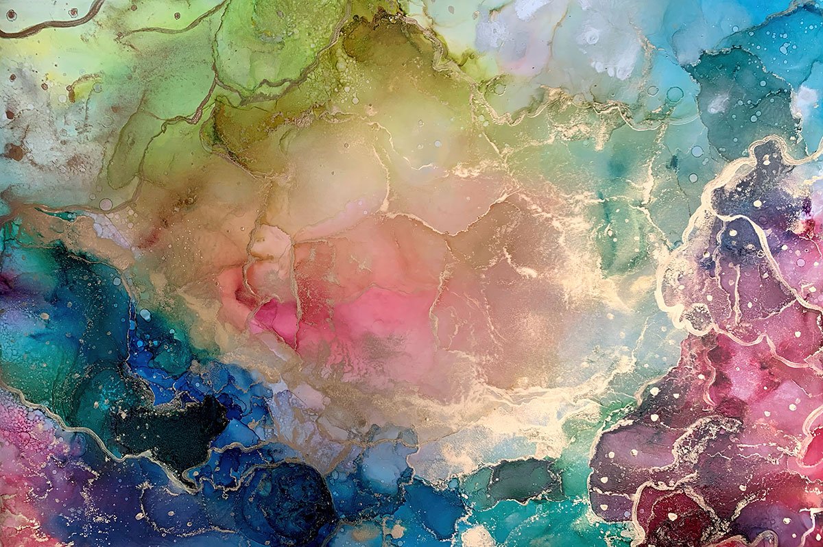 Twirling through Galaxies — Joyful radiant dance of colour and stardust shimmer — galaxy alcohol ink painting by Stella Robinson Lightheart