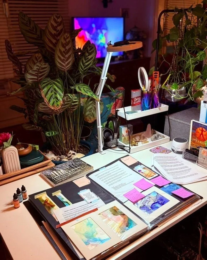 Some of my favourite hours happen at this desk, after dark.

The studio quiet, the lamp warm, the work spread out.
Planning what&rsquo;s next.
Letting the next painting tell me what it needs.

🤍