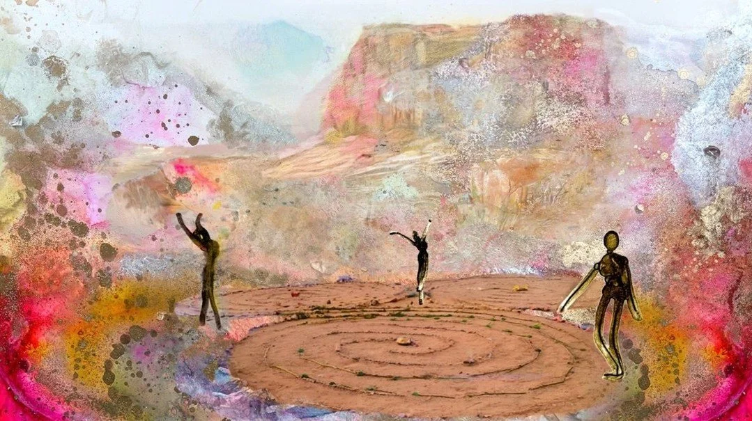 A labyrinth doesn&rsquo;t ask where you&rsquo;re going.
Only that you stay on the path.

I built one with friends in Joshua Tree, in 2021.
Walked it many times before I understood
what it was teaching me.

This year, I finally painted it.

Three figu
