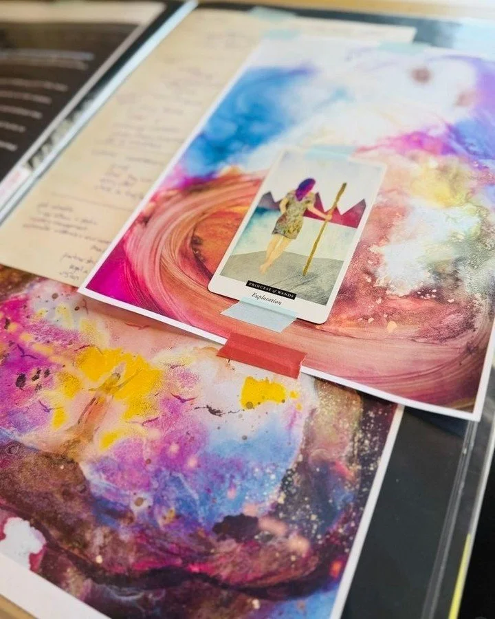 The Princess of Wands turned up on my desk.

In the Tarot, she's labelled Exploration.
She's taped to a painting I haven't finished thinking about yet ;
standing in the middle of it,
like she knows something I don't.
Sometimes the deck names what the