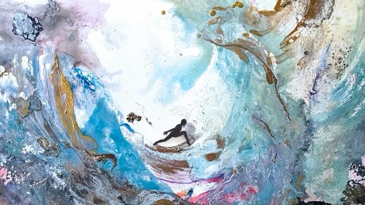 Two experiments in the same question: 
Can I draw a figure and build her a world?

Slide one: she invites the wave to crash over her, and holds the lunge. 🌊 
Slide two: she&rsquo;s drawn up out of the cliff itself, the same ink as the ground. ⛰️ 

I