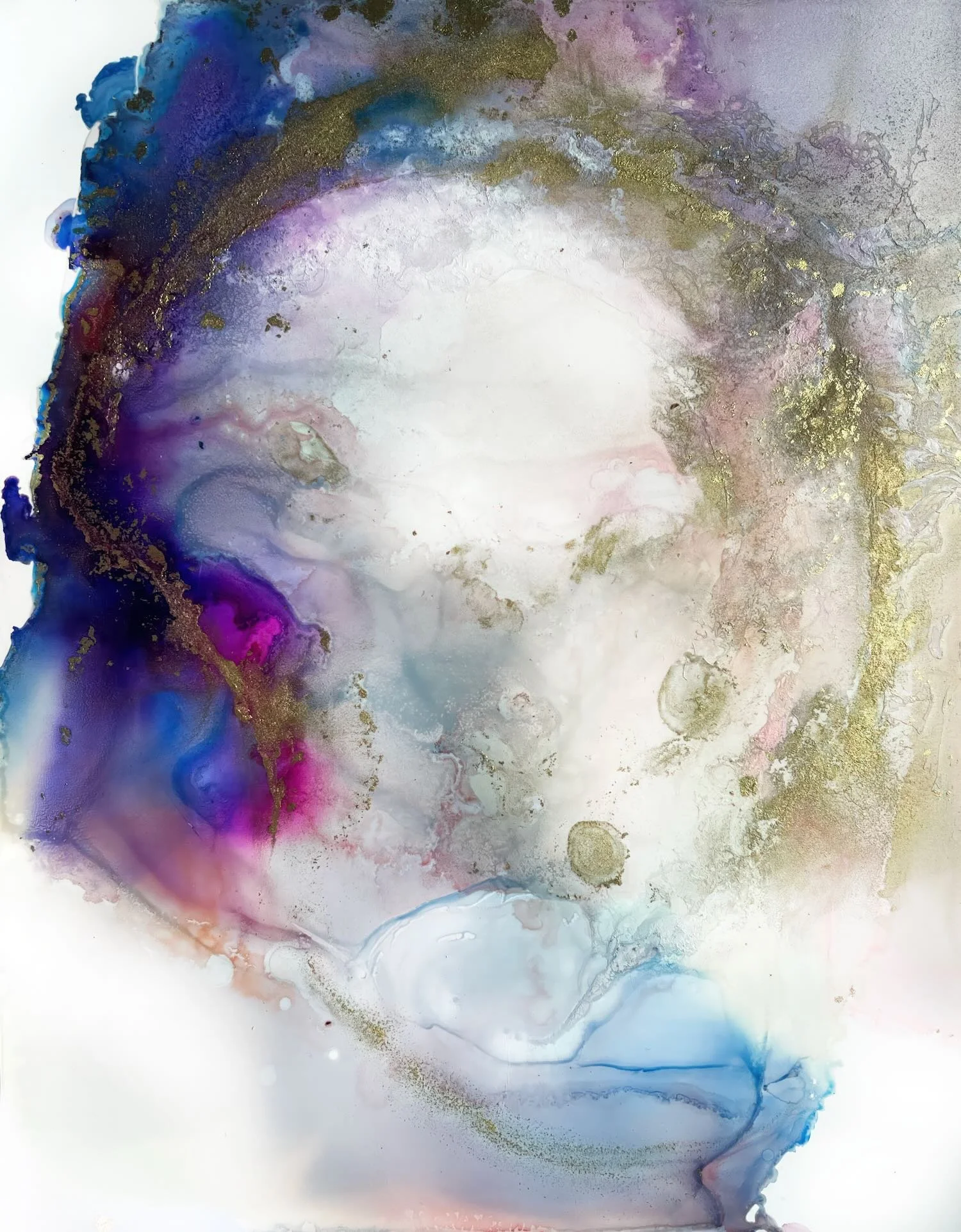 Veil Between Worlds — Deep violet and magenta spiralling around a luminous gold-threaded core — ethereal alcohol ink painting