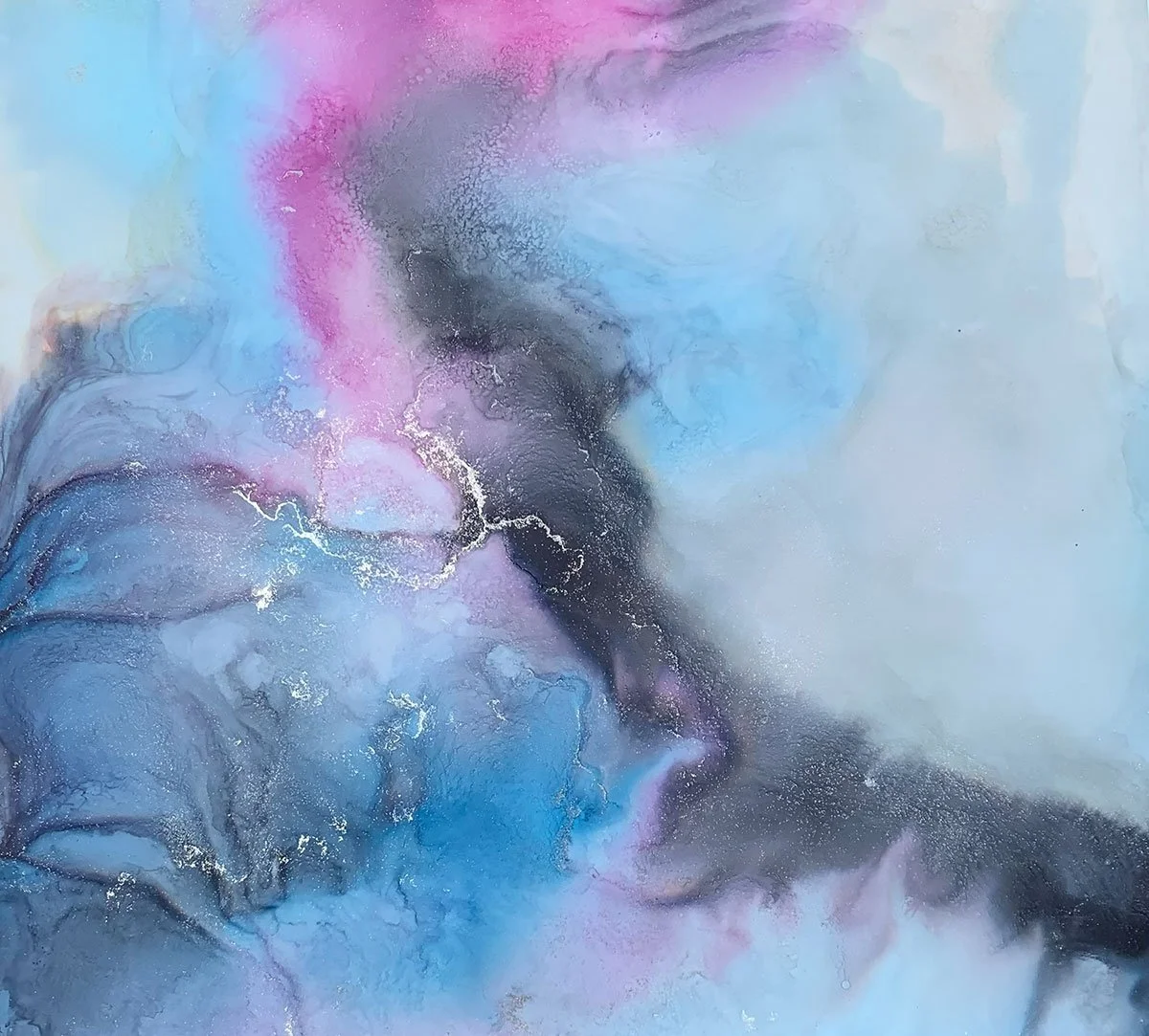 Ceffyl Dwr — Luminous water horse emerging from misty riverbanks — Welsh folklore alcohol ink painting