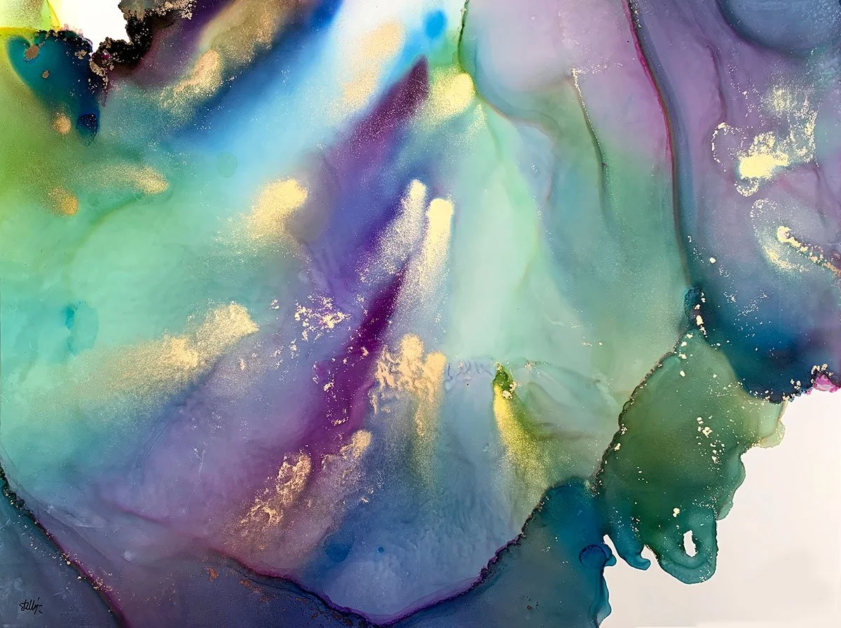 Cad Goddeu — Deep forest greens and spectral purples twisting like enchanted trees — Welsh mythology alcohol ink painting