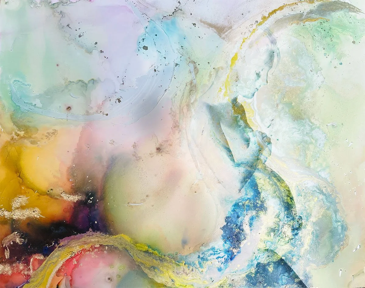 Birth — Serene blue silhouette within a luminous swirling field of colour — figurative alcohol ink painting
