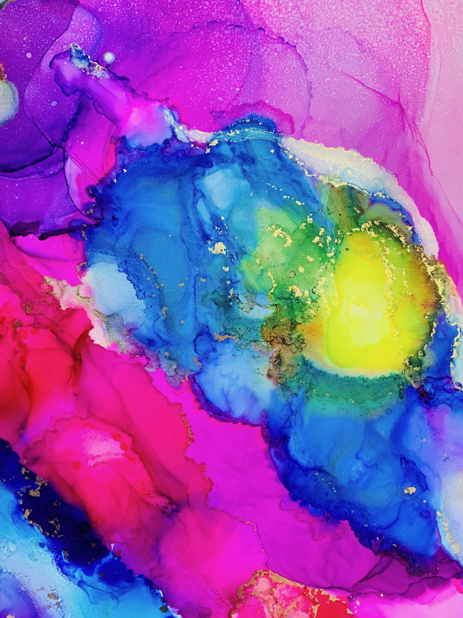 Solar Flare — Hot golds bursting against a navy sky — bold abstract alcohol ink painting