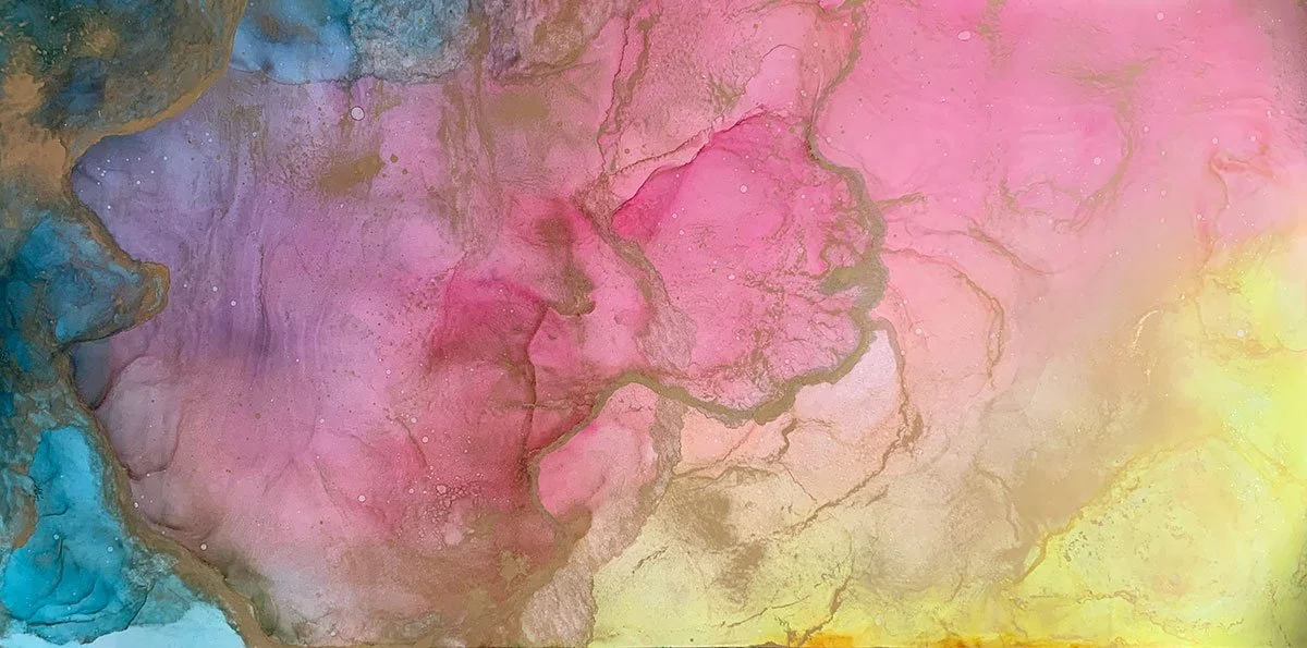 To Coddiwomple — Soft pink clouds drifting across a sky of spun sugar and stardust — dreamy alcohol ink painting, 48 by 24 inches