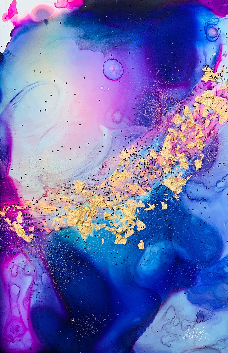 The Milkyway — Cosmic purples and gold leaf tracing the arc of our home galaxy — galaxy alcohol ink painting
