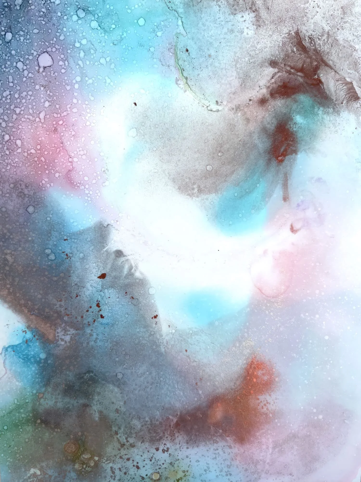 Ethereal Winter — Soft whites and featherlight blues dissolving like breath on cold glass — pastel alcohol ink painting