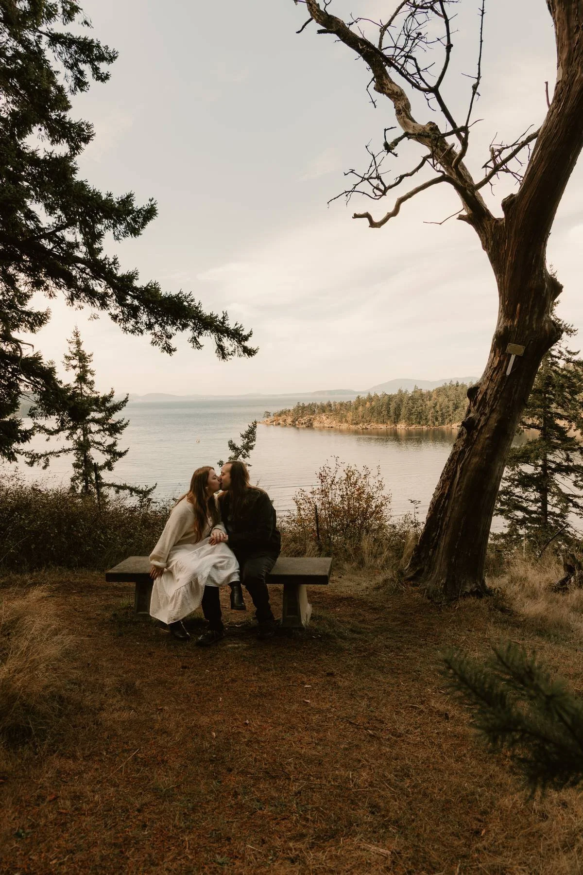 Two women sitting on a bench near a large tree and kissing, with a view of a lake and forested shoreline in the background.