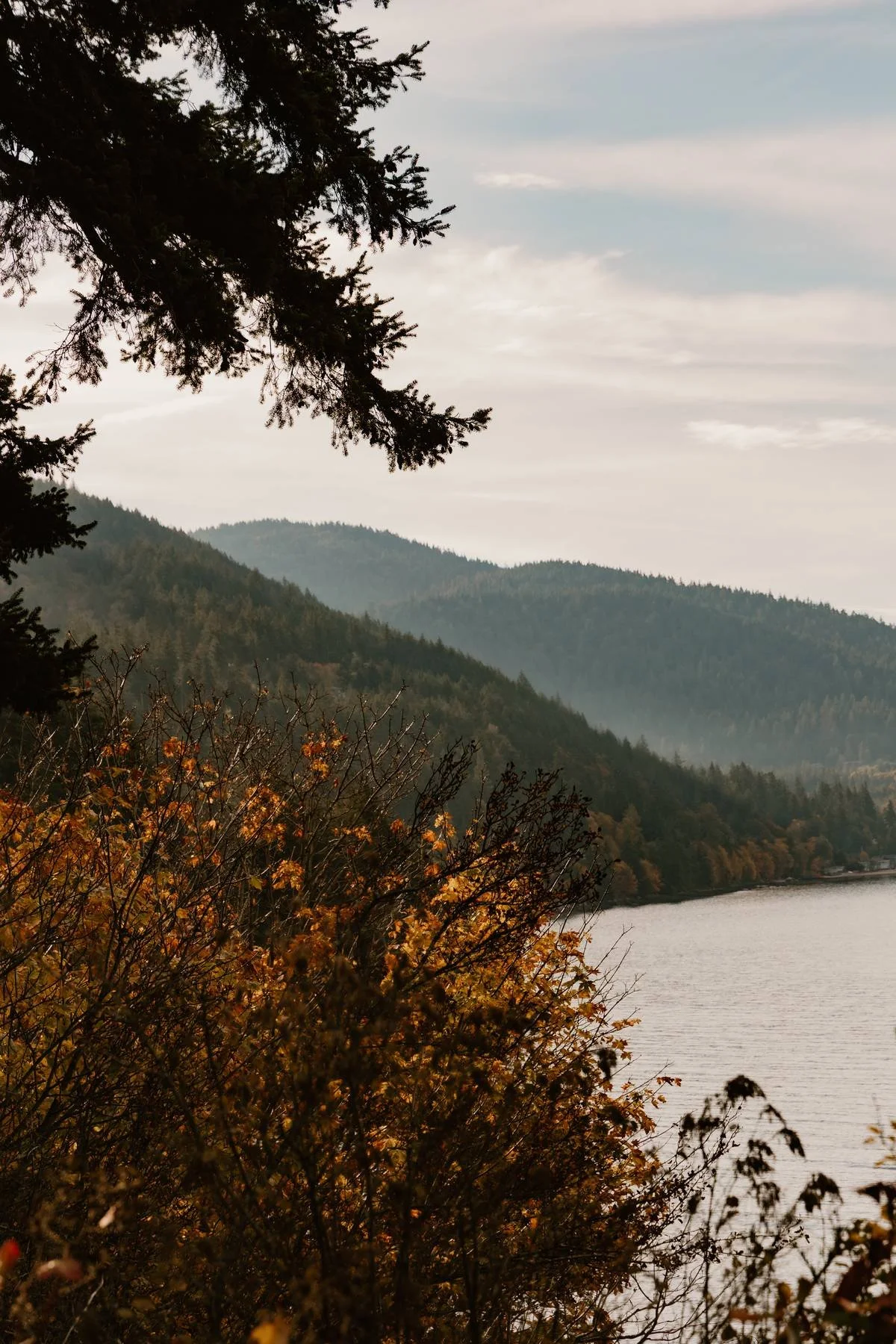 Scenic view of a bay surrounded by autumn-colored trees and forested mountains under a partly cloudy sky.
