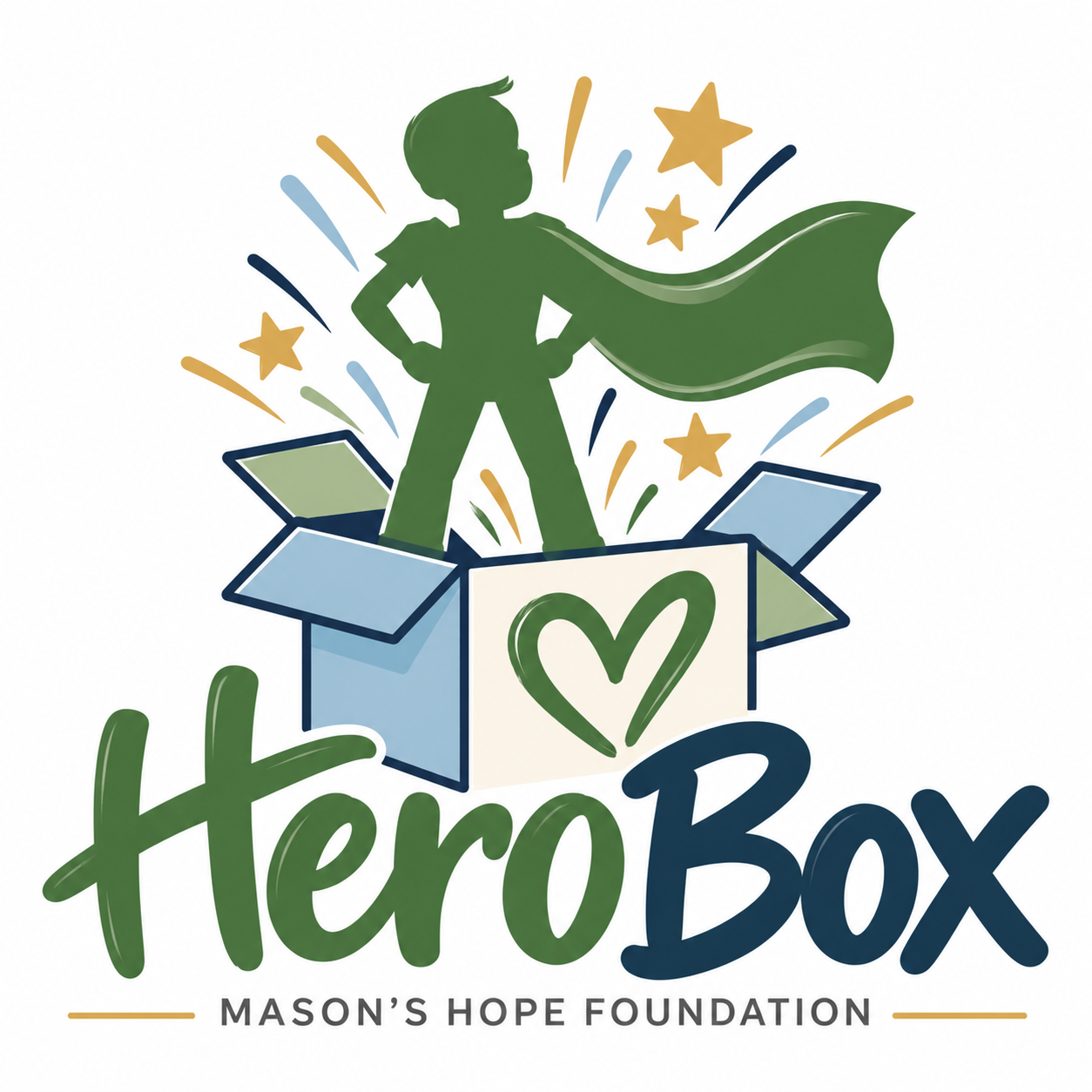 An illustration of a green superhero figure with a cape standing inside an open box, surrounded by stars and colorful lines, with the words "HeroBox" and "Mason's Hope Foundation".