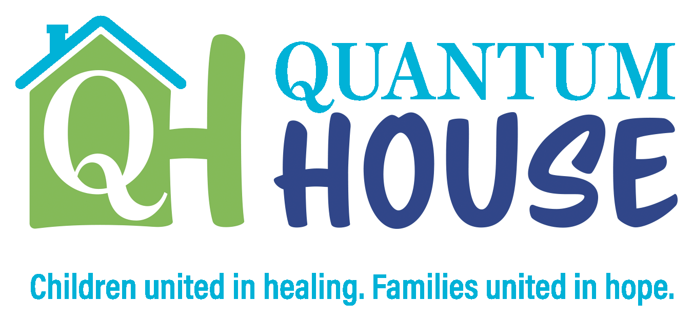 Logo for 'Quantum House' featuring a stylized house with a large 'Q' inside, the 'Q' partly forms the house's chimney, with blue and green colors. Tagline reads 'Children united in healing. Families united in hope.'
