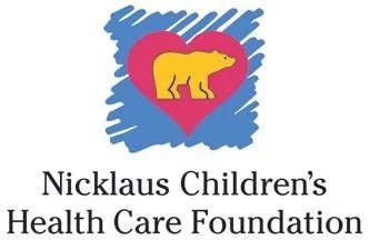 Logo featuring a yellow bear inside a pink heart with a blue background, representing Nicklaus Children's Health Care Foundation.