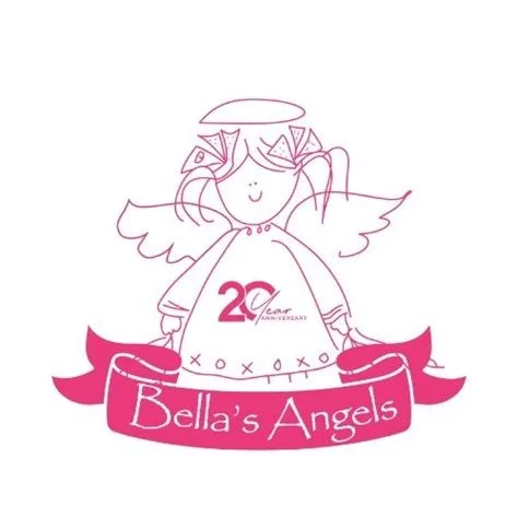 A simple line drawing of a smiling angel with wings and a halo, holding a banner that reads "Bella's Angels" and features a "20 Year Anniversary" note.