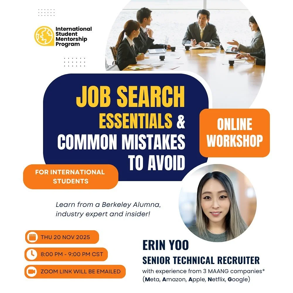 Looking to land your next job?🧑&zwj;💼 Get insider tips from a senior technical recruiter from Meta!
You will learn:
✅How to stand out to recruiters and interviewers
✅ Avoid common mistakes international students make in applying for jobs
✅ Practica