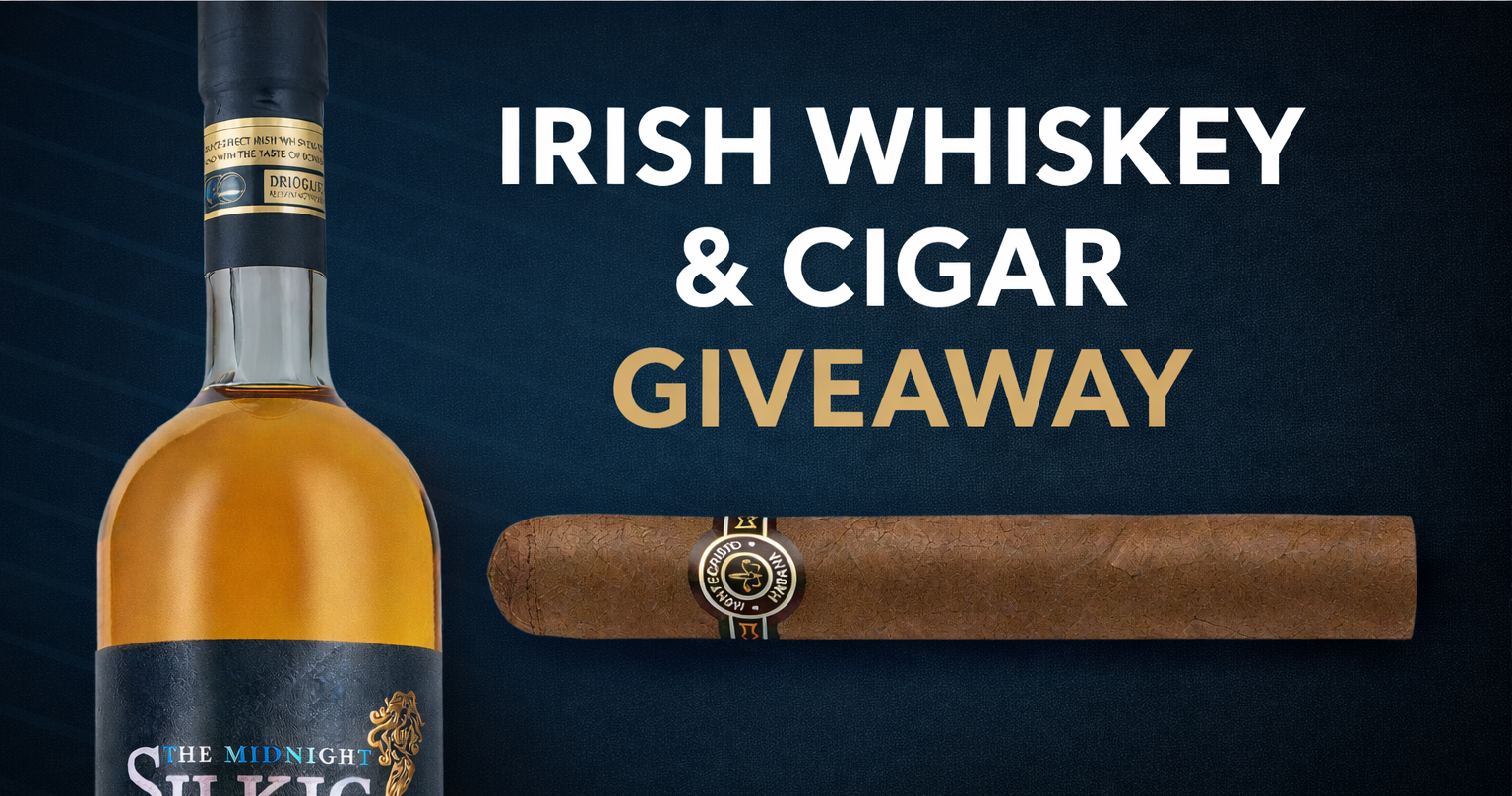 Bottle of whiskey and a cigar on a dark surface with text announcing a giveaway of Irish whiskey and cigars.
