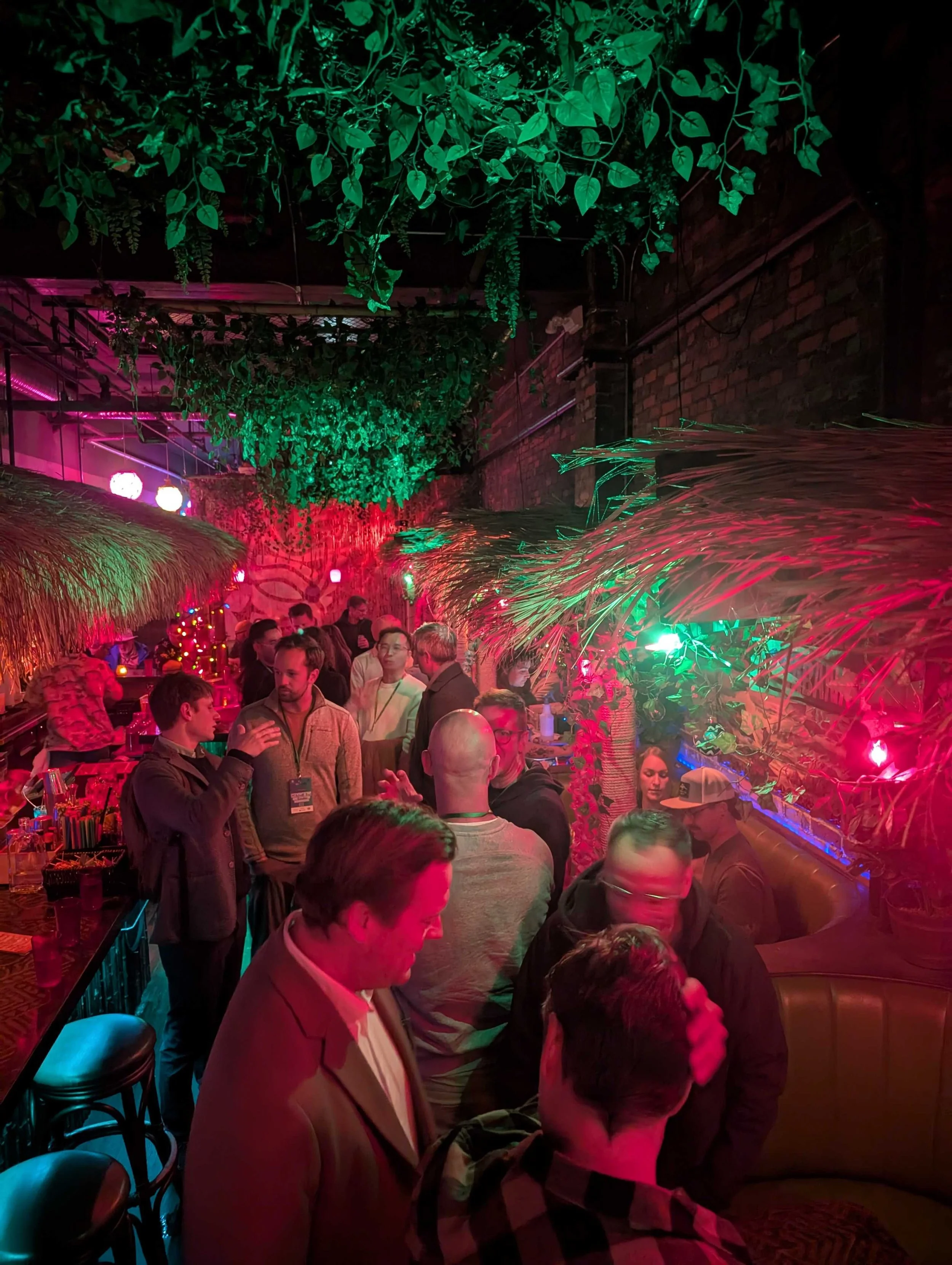 People socializing in a lively bar with vibrant multicolored lighting, tropical decor, and lush green plants hanging from the ceiling.