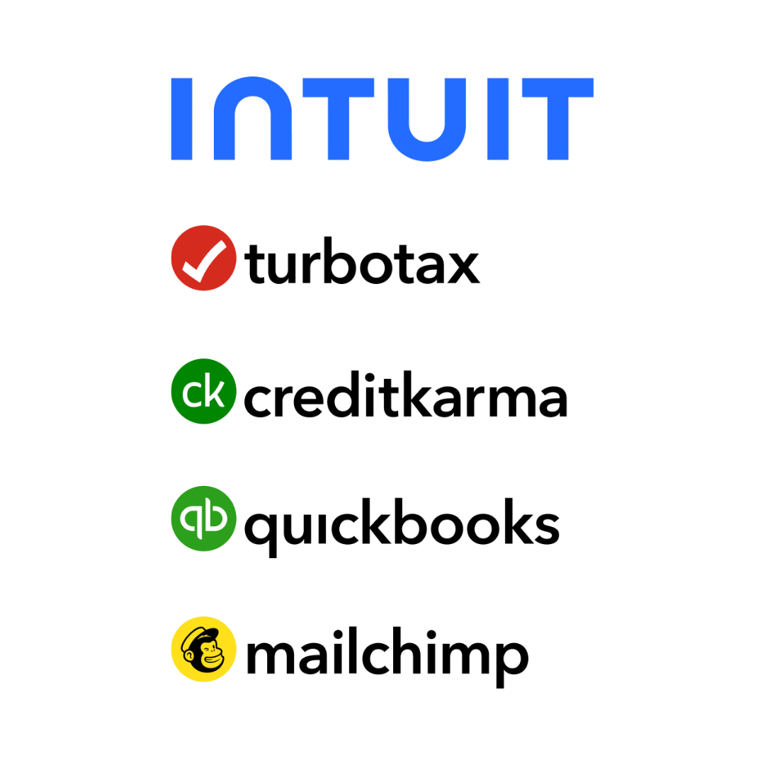 A graphic showing four brands with their logos and names: Turbotax with a red checkmark, Credit Karma with a green circle and 'ck', Quadroblocks with a green circle and 'qb', and Mailchimp with a yellow circle and chimp face. The word 'INTUIT' is written at the top in large blue letters.