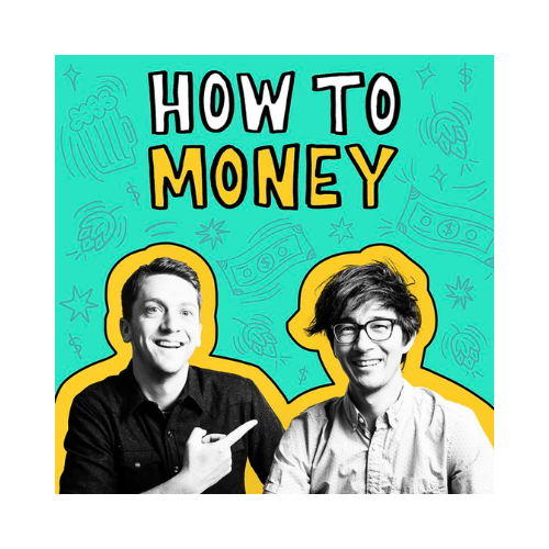 Book cover titled 'How to Money' featuring two smiling men, one pointing, with dollar bill and money icons on a teal background.