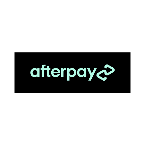 Afterpay logo with text and arrow icon on a black background.