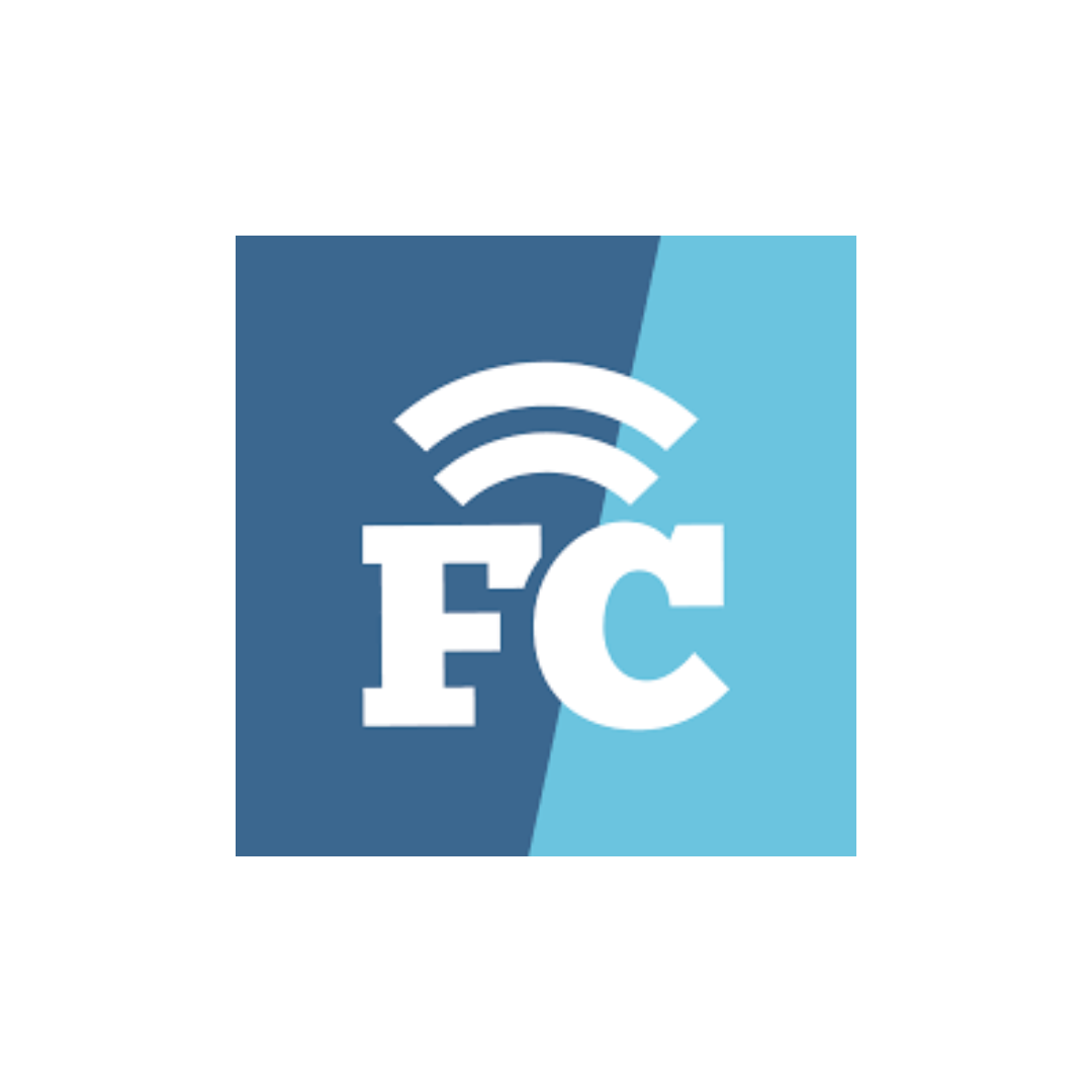 Logo with Wi-Fi signal icon and the letters 'FC' on a split blue background