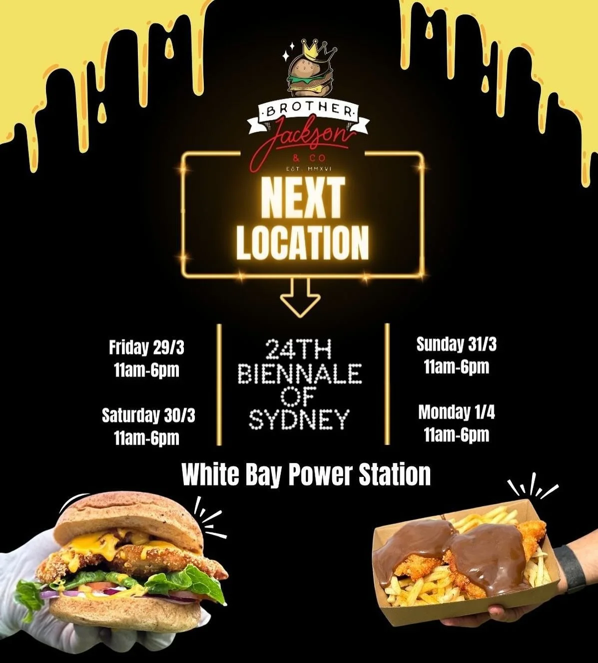 Catch us this weekend at the 24th Biennale of Sydney (@biennalesydney) at White Bay Power Station 🍔

Come and check out the art being showcased and grab a gluten free bite to eat. We&rsquo;ll have all classics covered, like beef burgers, chicken bur