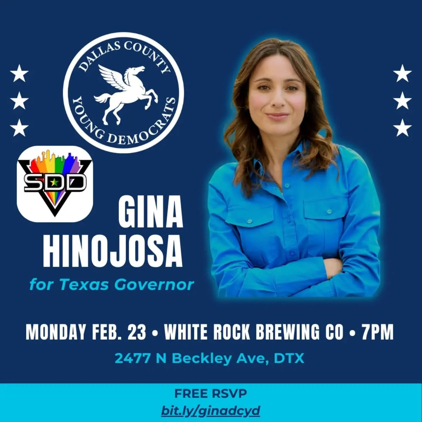 Our Meet &amp; Greet for Rep. @ginafortexas will be on Monday, Feb 23rd at 7pm! We're so excited to host Gina along with @stonewalldallasdems as she campaigns to be our next Governor. 

We have NO regular meeting scheduled tonight! But we plan to be 
