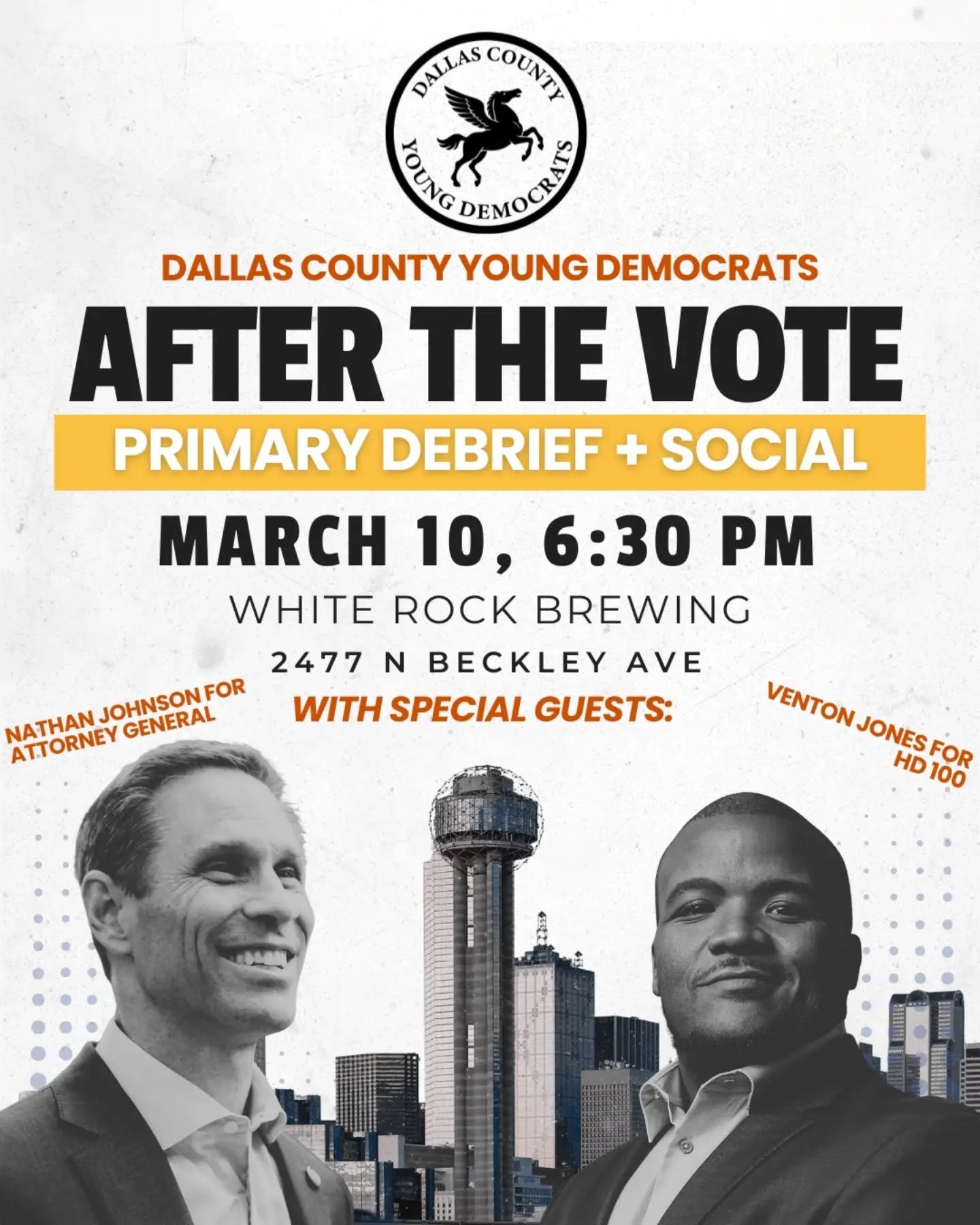 🚨 THIS TUESDAY 3/10 🚨

Come join us for our March meeting with special guests @nathanfortexas and @ventonjonestx !

We will debrief from the wild primary election, and hear from our endorsed candidates fighting in runoff elections. We aren't done v