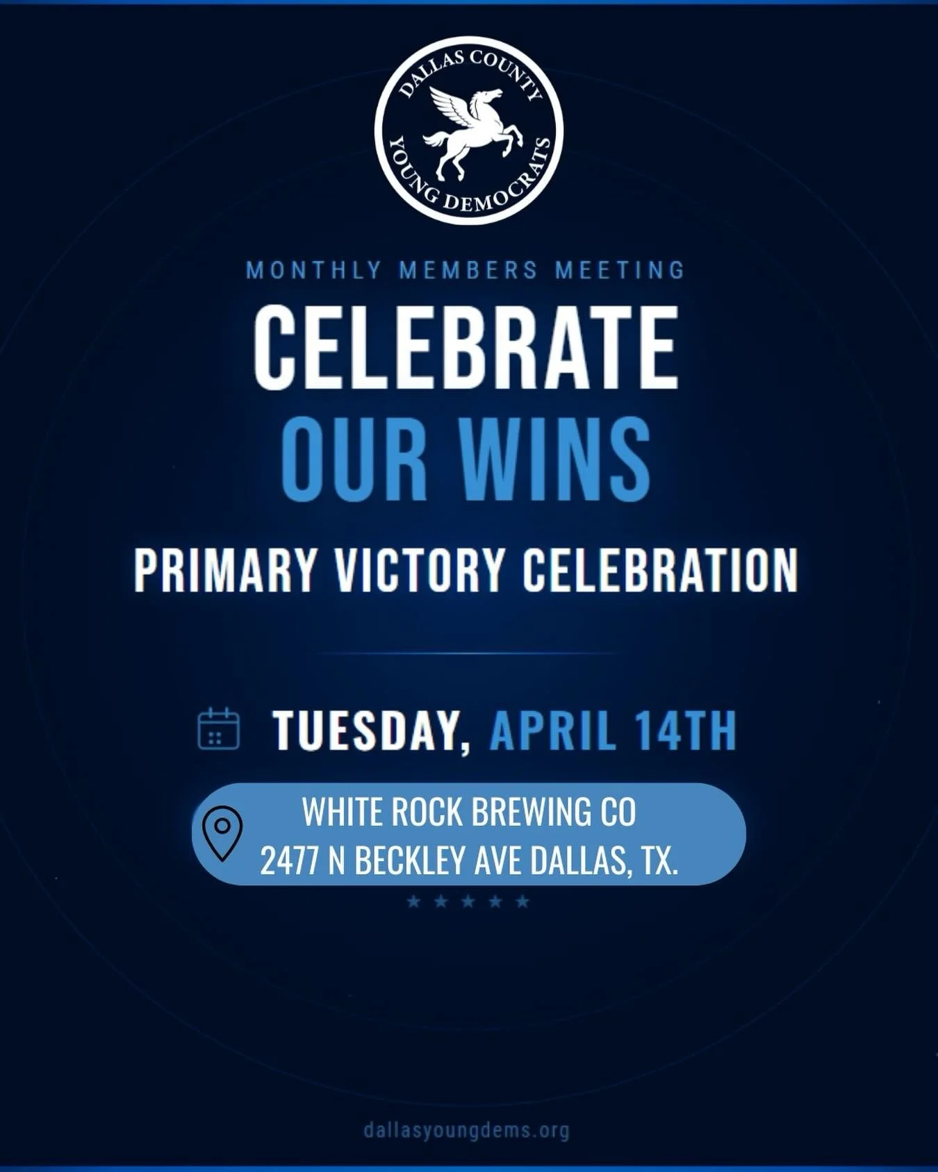 Come join us on Tuesday, April 14th for our primary victory celebration at White Rock Brewing Co.
