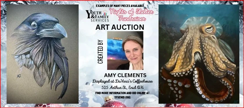 Art auction poster promoting works by Amy Clements, featuring a bird drawing and an octopus painting for a fundraiser in Enid, OK.
