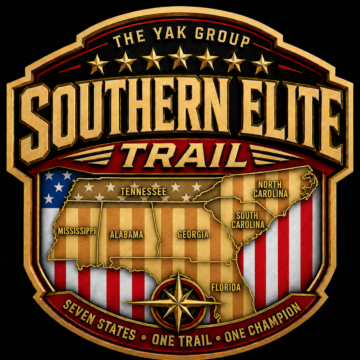 A badge-shaped graphic celebrating the Southern Elite Trail, featuring a map of Tennessee, North Carolina, South Carolina, Georgia, Alabama, Mississippi, and Florida, with their names and a patriotic background of stars and stripes.