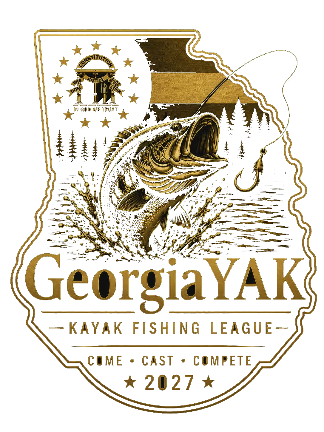 Gold and blue logo for Georgia Kay Kay Kayak Fishing League, featuring a large fish with a fishing hook, patriotic state emblem with Constitution and eagle, and text indicating it's their home last compete in 2021.