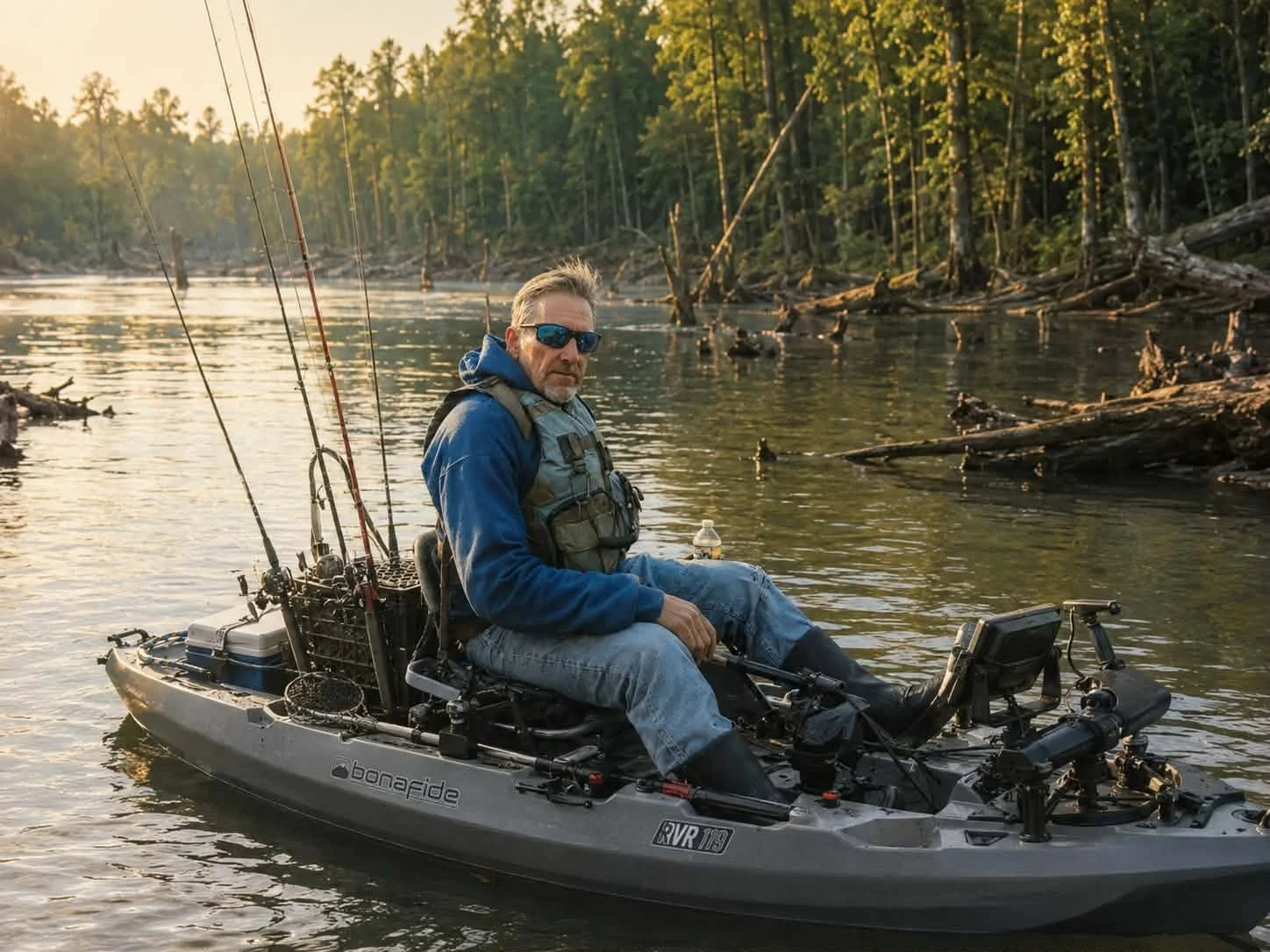 Man in blue jacket and sunglasses sitting on a fishing kayak on a river surrounded by trees.