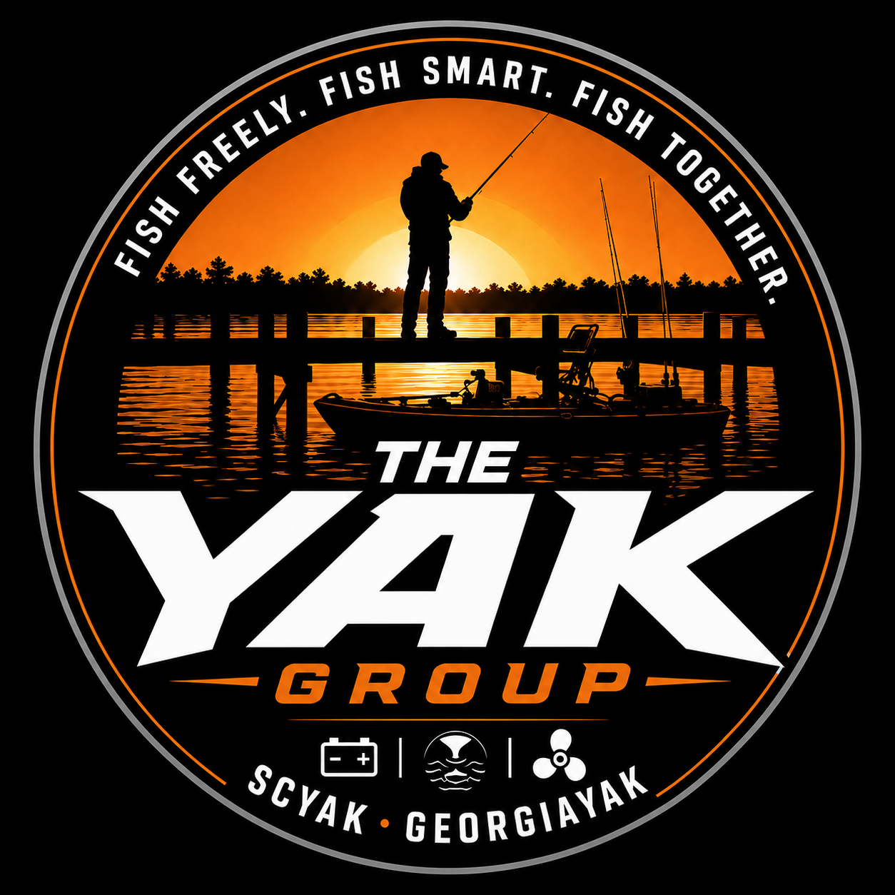 A logo featuring a silhouette of a person fishing on a dock with a boat and fishing poles, set against a sunset with trees in the background. The text includes 'The Yak Group' and the slogan 'Fish freely. Fish smart. Fish together.' The logo also shows icons of a battery, a fish, and a propeller, with the names 'Scyak' and 'Georgiyak' at the bottom.
