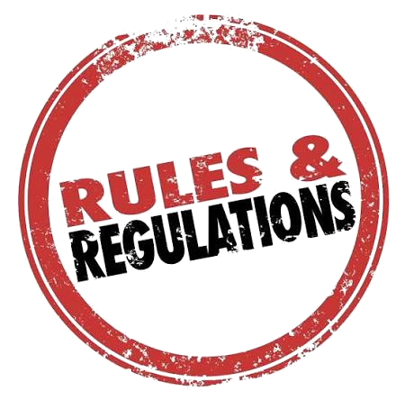 A red circular stamp with the words 'Rules & Regulations' in bold, distressed font.