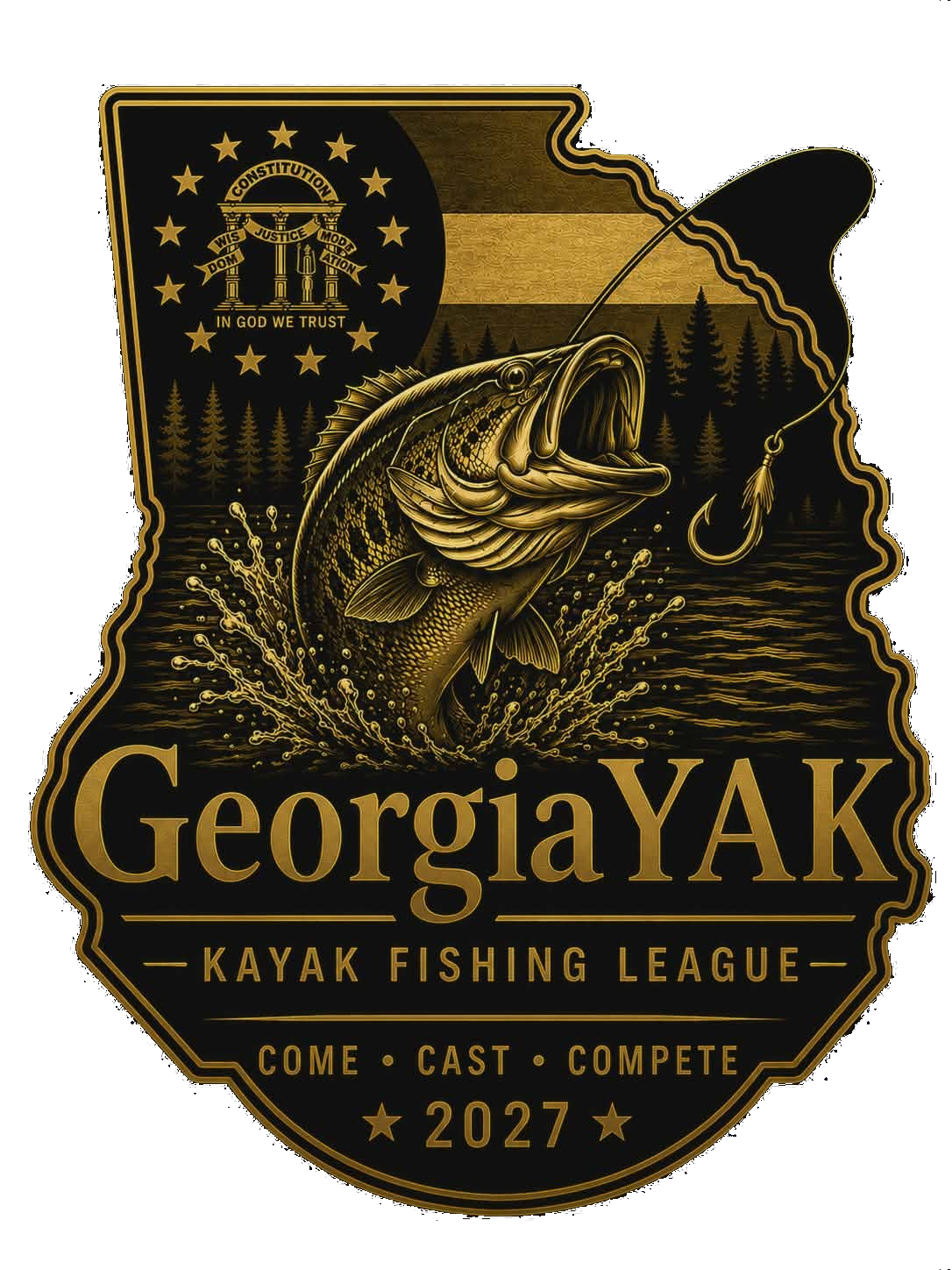 A graphic poster for the Georgia AK Kayak Fishing League featuring a large fish leaping out of water with a fishing hook and line, a background of pine trees, and multiple layers of text including event name, slogan, and year.