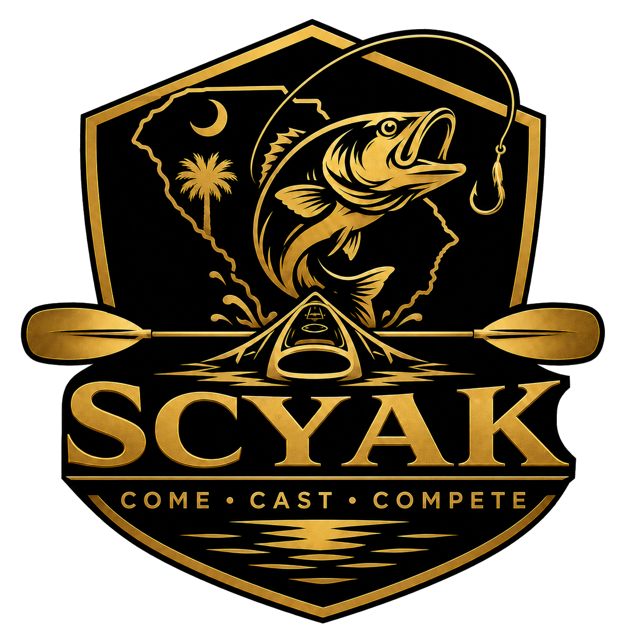 A black and gold logo featuring a shield shape with a fishing theme. It has a large fish jumping out of water with a fishing hook in its mouth, a fishing kayak below with paddles on either side, a palm tree, a mountain, and a moon in the background. The text reads 'SCYAK' in large gold letters, and below it, the words 'COME,' 'CAST,' and 'COMPETE' are separated by dots.
