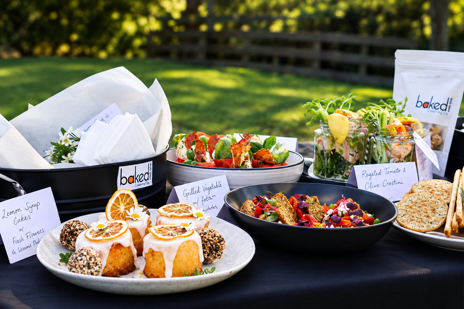 Outdoor table with various food dishes including lemon cake, grilled vegetables, roasted tomato and olive crostini, fresh flowers, and salads with labels. FourB
