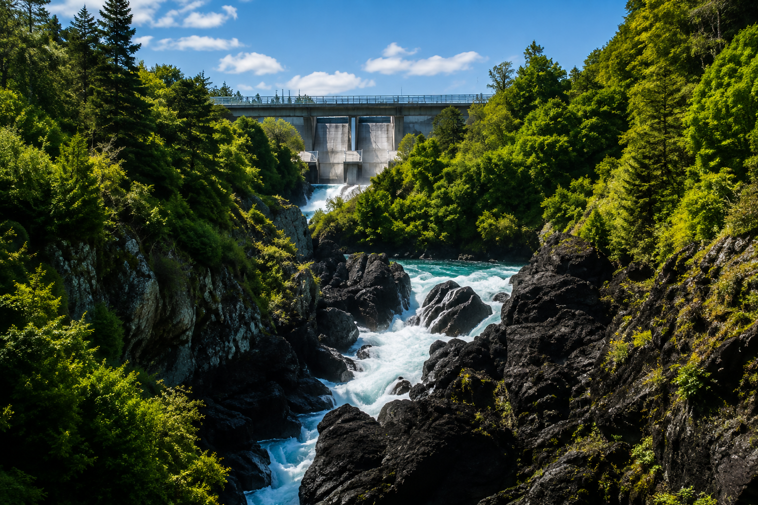 A dam releases water into a fast-moving river surrounded by lush green trees on a sunny day.