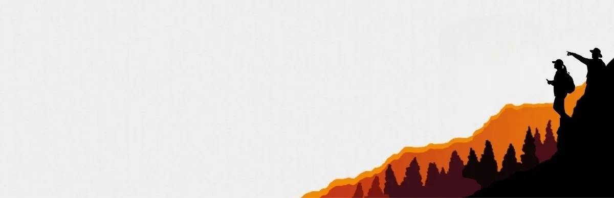 Silhouette of two people on a mountain top pointing into the distance, with a stylized mountain range and trees below, against a plain gray background.