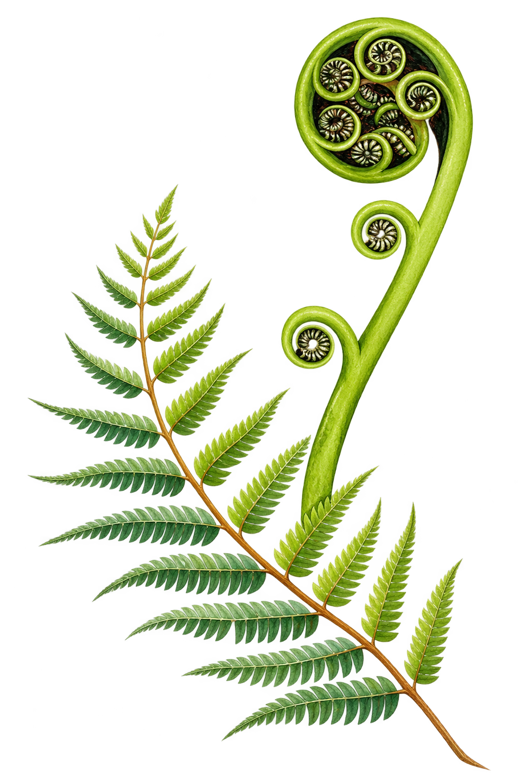 Close-up illustration of a fern frond in the process of unfurling, showing young curled fronds at the top and mature green leaflets along the stem.