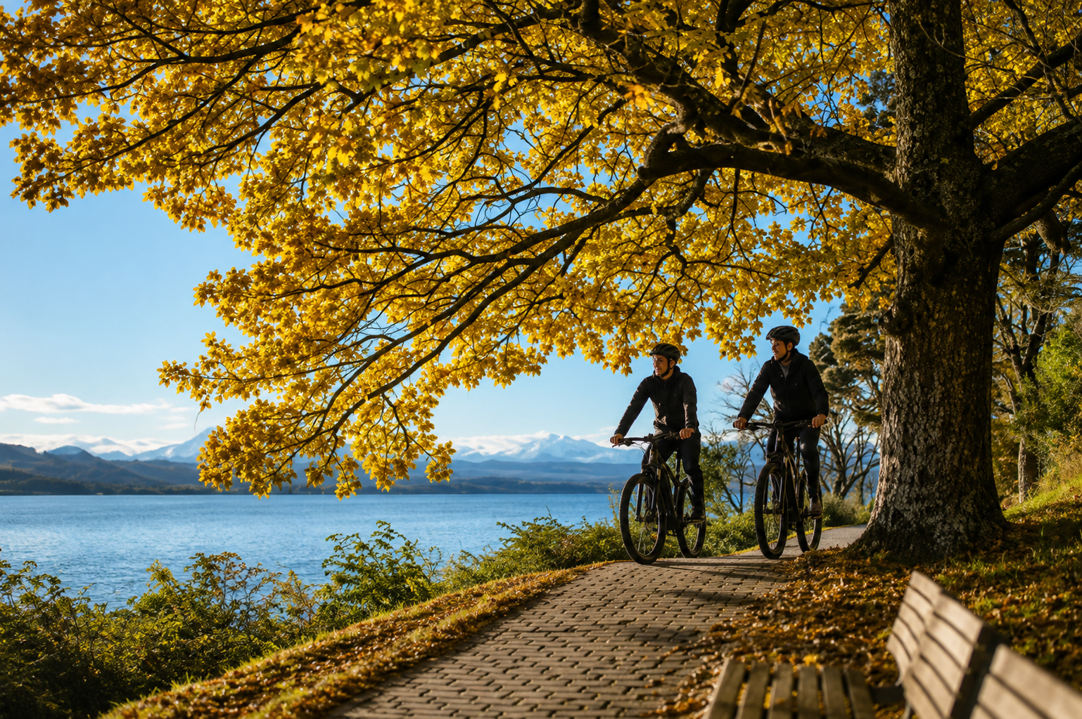 Two cyclists riding bicycles along a tree-lined lakeside path with golden leaves and mountains in the background.