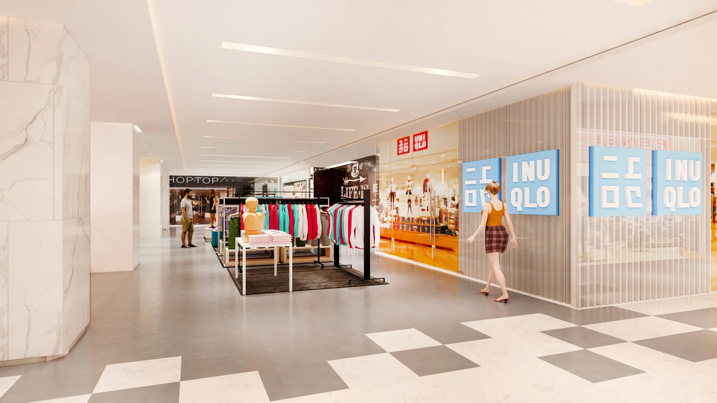 Interior view of a shopping mall featuring an UNIQLO store with blue signage, clothing displays, mannequins, and shoppers walking inside.